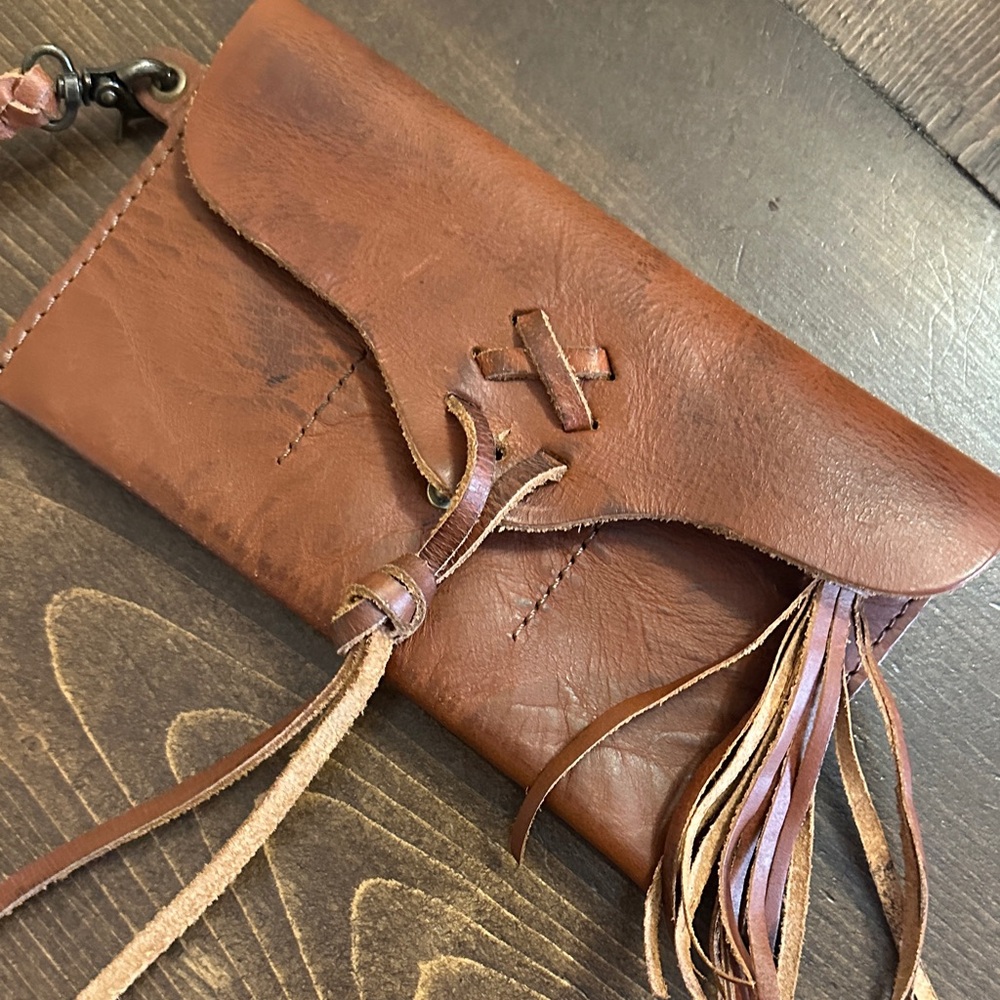 Free People Cognac Leather Fringe Wristlet Clutch